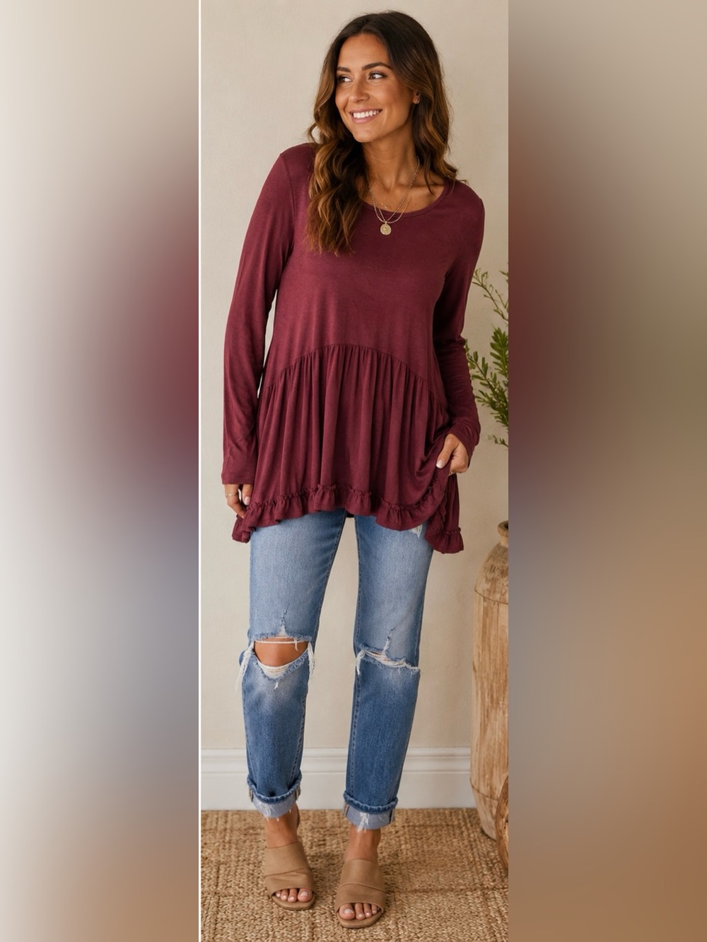 Easel Burgundy Long-Sleeve Ruffled Hem Tunic Large